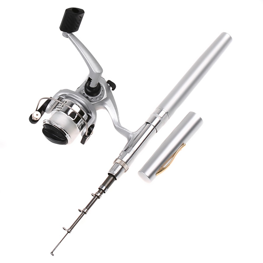 Fishing Rod Fly - ポータブル伸縮式ポケット釣り竿ミニシルバーペン釣り竿リール軽量釣り竿リール屋外釣り